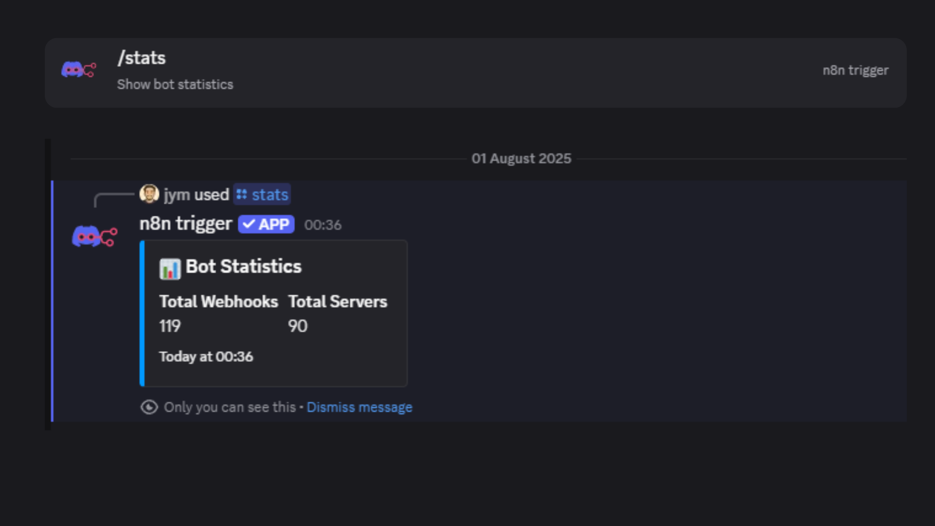 Discord /stats command displaying bot statistics including total servers and webhooks using Discord trigger bot