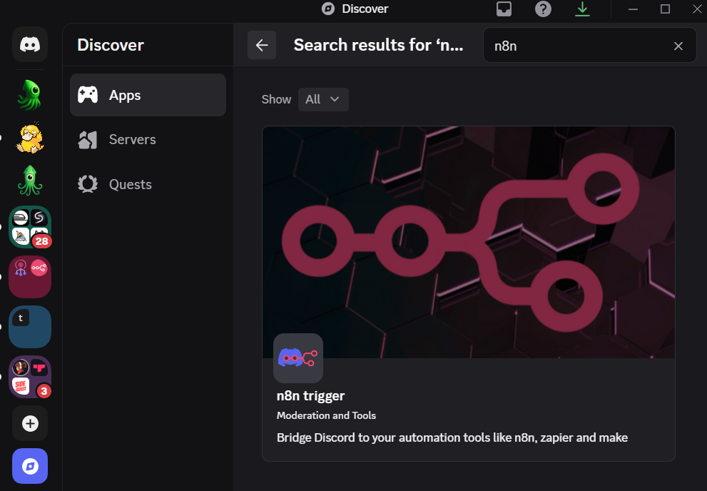 Discord Trigger Bot featured in Discord's official App Directory marketplace showing verified status and search results for n8n automation